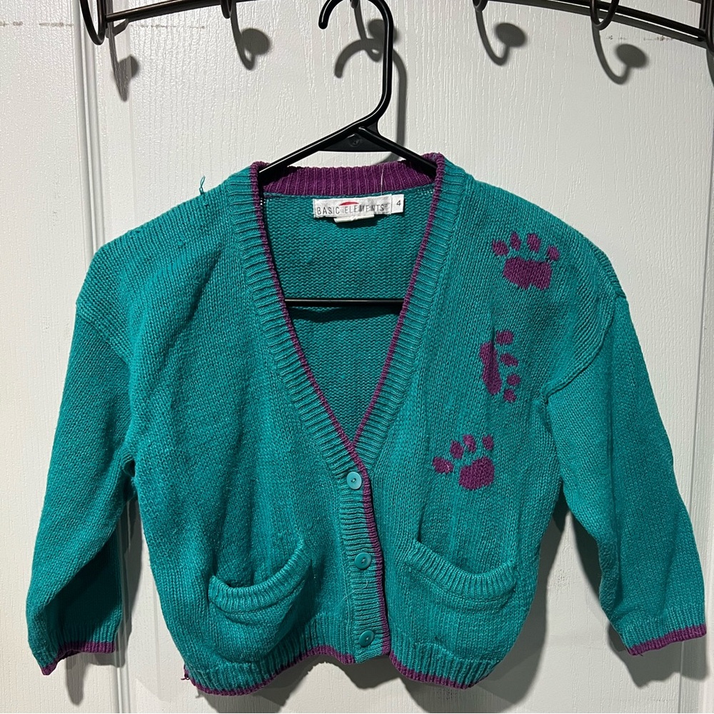 Vintage Children’s Knit Cardigan. Paw prints, front pockets. V neck button down